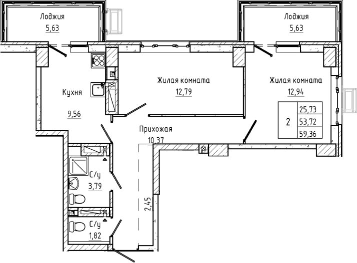 Планировка 2-комнатная 59,36 м²