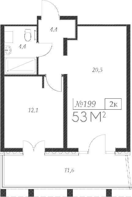 Планировка 2-комнатная 53 м²