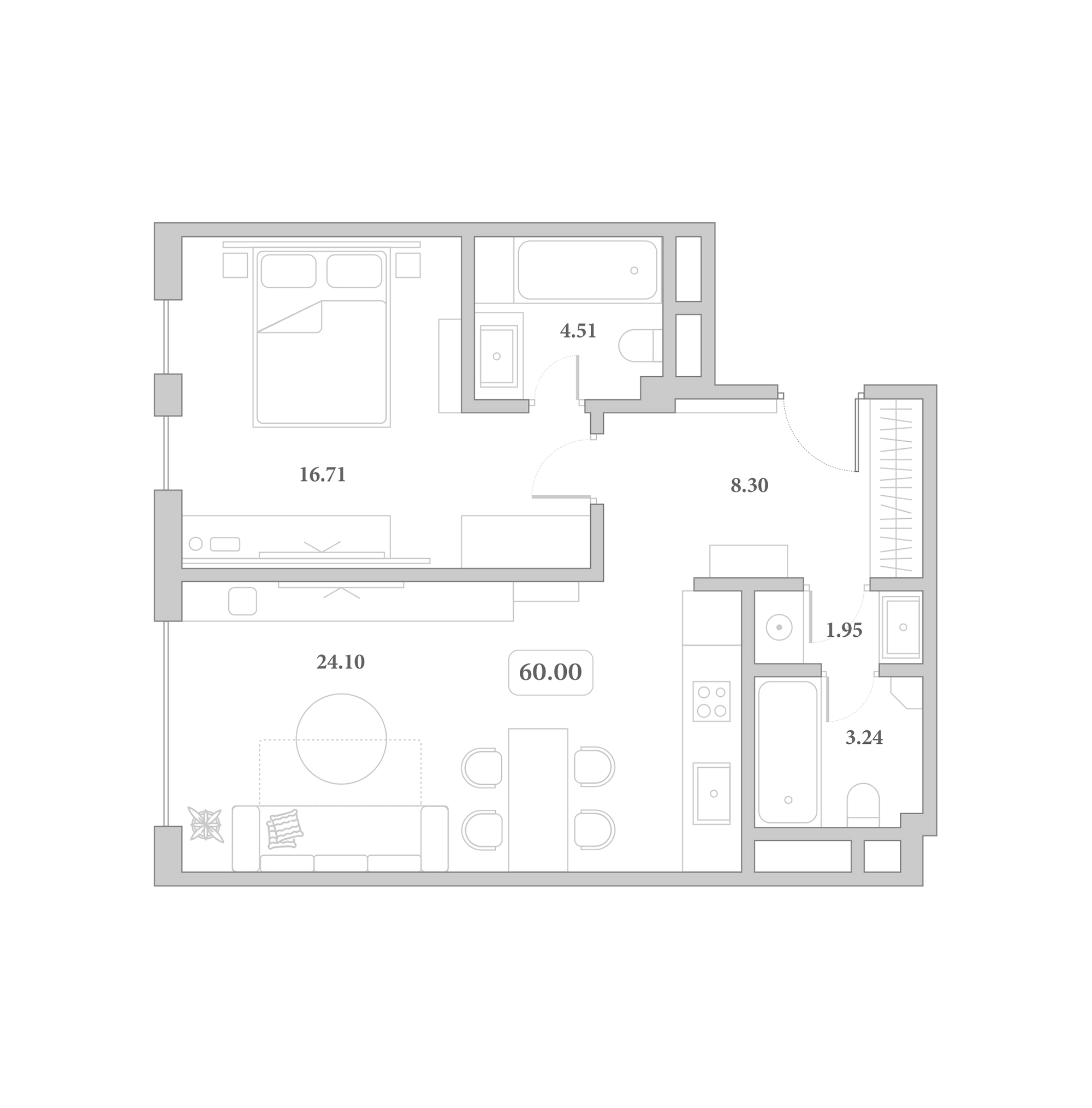 Планировка 2-комнатная 60 м²
