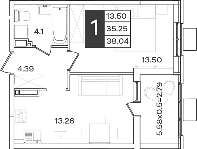 Планировка 1-комнатная 38,04 м²