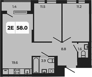 Планировка 3-комнатная 58 м²