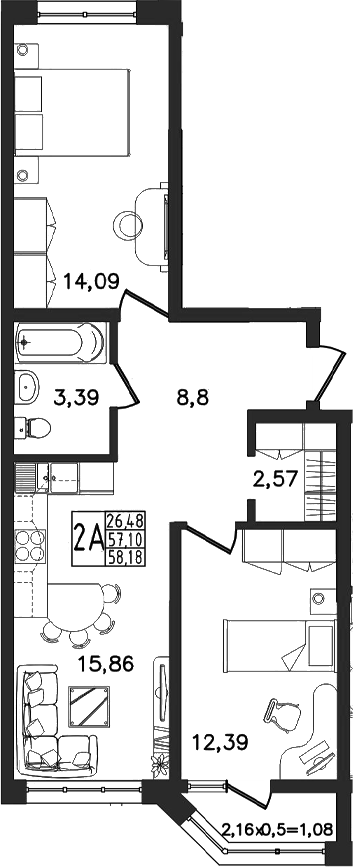 Планировка: 3-комн. квартира 58,2 м²