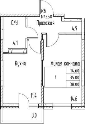 Планировка 1-комнатная 38 м²
