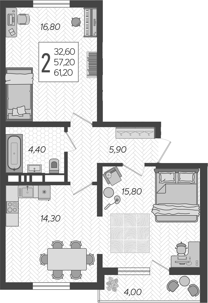 Планировка 2-комнатная 62,2 м²