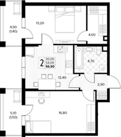 Планировка 2-комнатная 56,9 м²