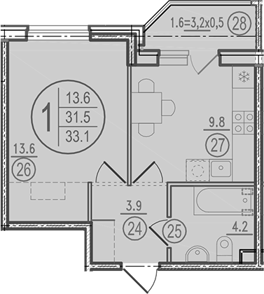 Планировка: 1-комн. квартира 33,1 м²