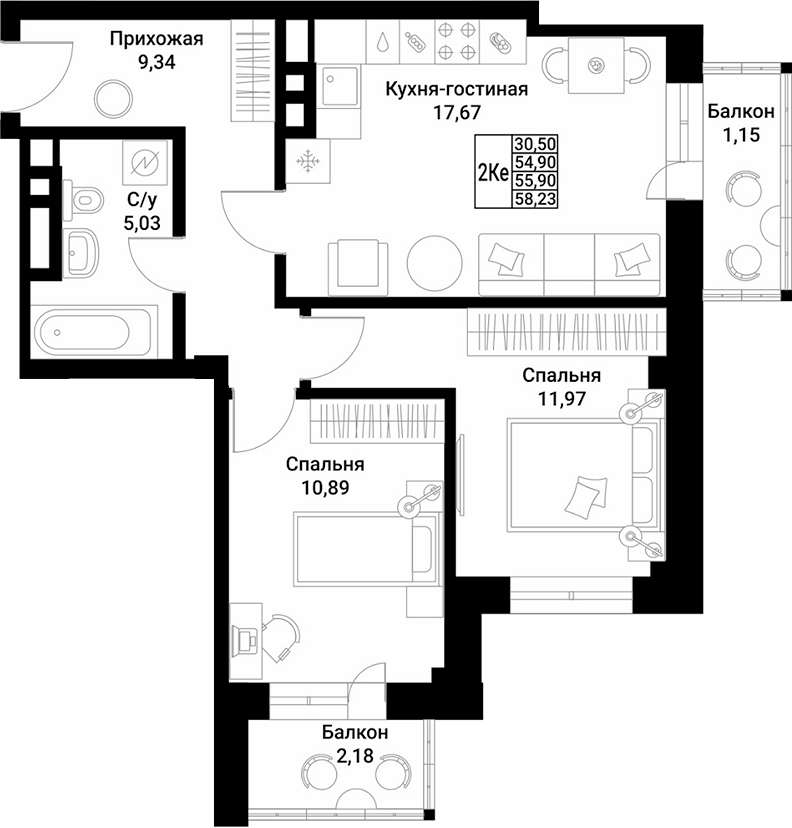 Планировка 2-комнатная 55,9 м²