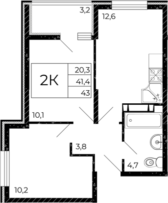 Планировка 2-комнатная 43 м²