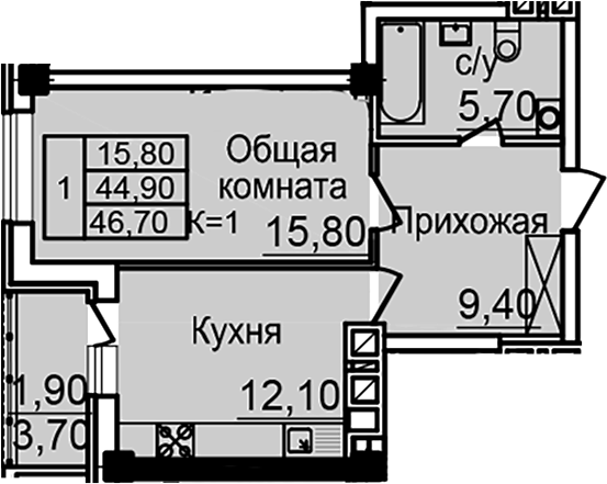 Планировка 1-комнатная 44,9 м²