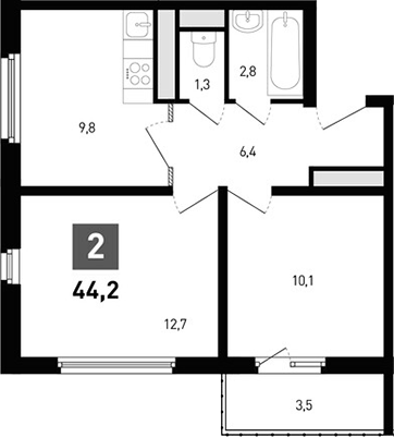 Планировка 2-комнатная 44,2 м²