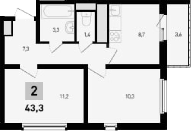 Планировка 2-комнатная 43,3 м²
