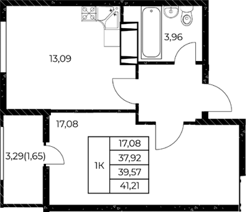 Планировка 1-комнатная 41,21 м²