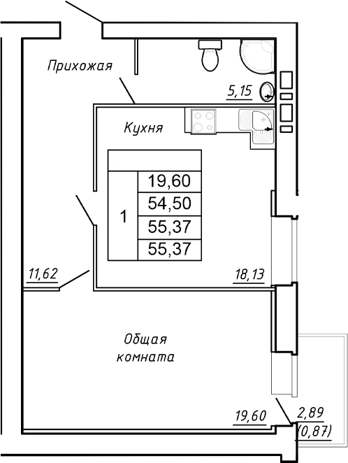 Планировка 1-комнатная 55,37 м²