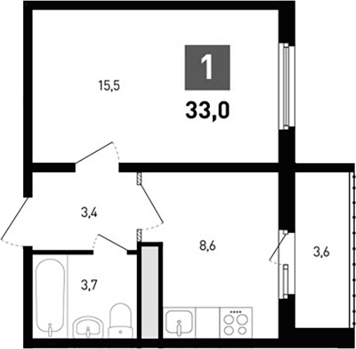 Планировка 1-комнатная 33 м²