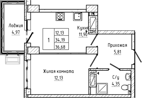 Планировка 1-комнатная 36,68 м²