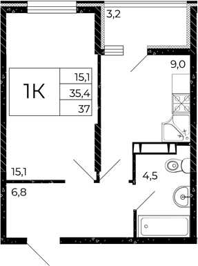 Планировка 1-комнатная 37 м²