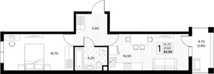 Планировка 2-комнатная 43 м²