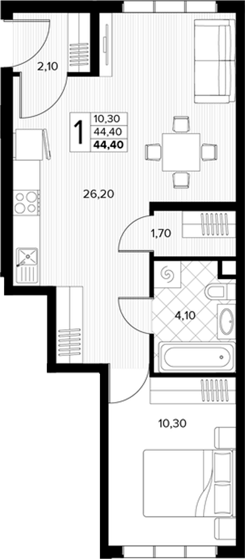 Планировка 1-комнатная 44,4 м²