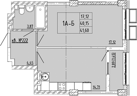 Планировка 1-комнатная 41,6 м²