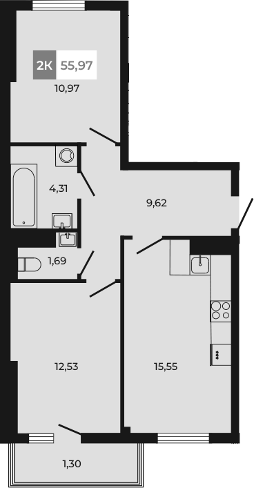 Планировка 2-комнатная 55,97 м²