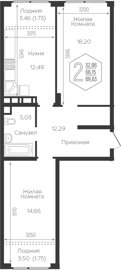 Планировка 3-комнатная 67,7 м²