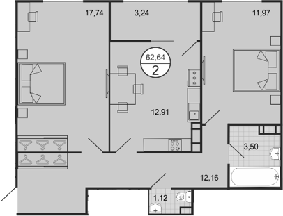 Планировка 2-комнатная 62,64 м²