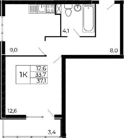 Планировка 1-комнатная 35,4 м²