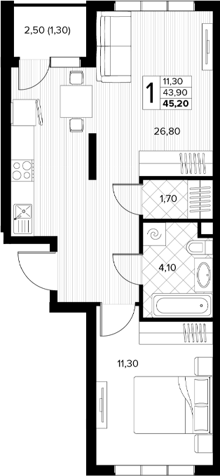 Планировка 1-комнатная 45,2 м²