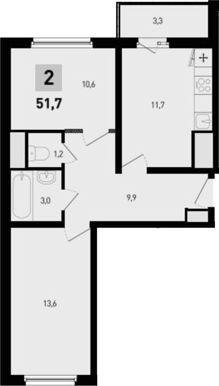 Планировка 2-комнатная 51,7 м²