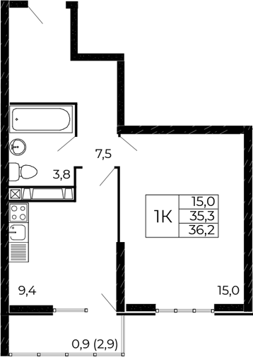 Планировка 1-комнатная 36,2 м²