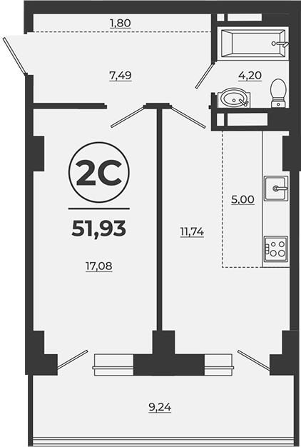 Планировка 2-комнатная 51,03 м²