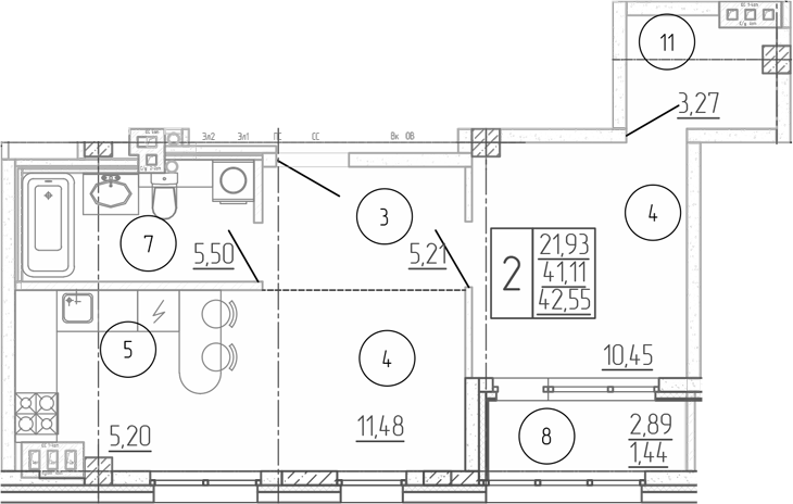 Планировка 2-комнатная 42,55 м²