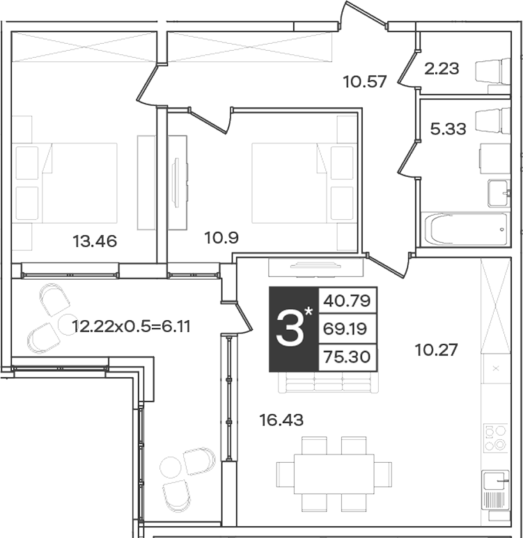 Планировка 3-комнатная 75,3 м²