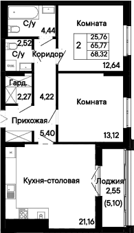 Планировка 3-комнатная 68,32 м²