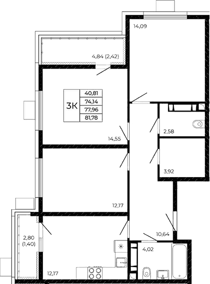 Планировка 3-комнатная 81,78 м²