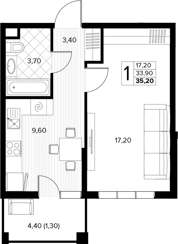 Планировка 1-комнатная 35,2 м²