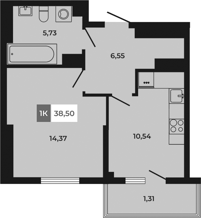 Планировка 1-комнатная 38,5 м²