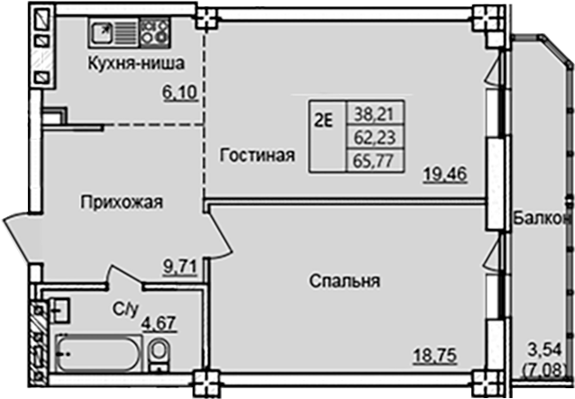 Планировка 2-комнатная 62,23 м²