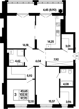 Планировка 3-комнатная 97,7 м²