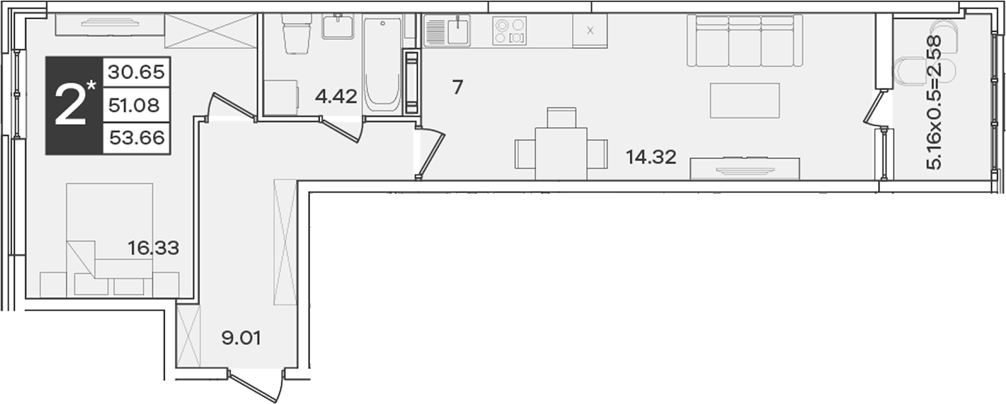Планировка 2-комнатная 53,66 м²