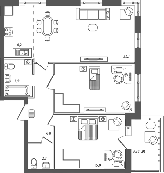 Планировка 3-комнатная 74,5 м²