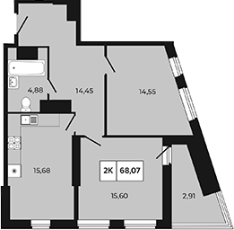Планировка 2-комнатная 68,07 м²