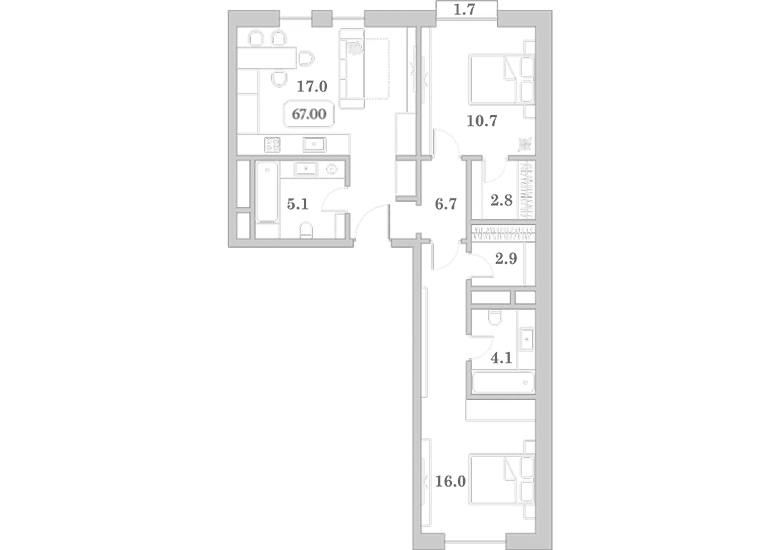 Планировка 3-комнатная 67 м²
