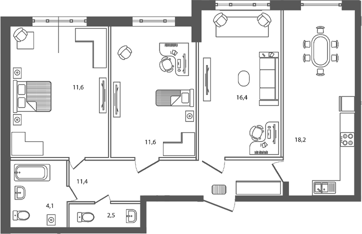 Планировка 3-комнатная 75,8 м²