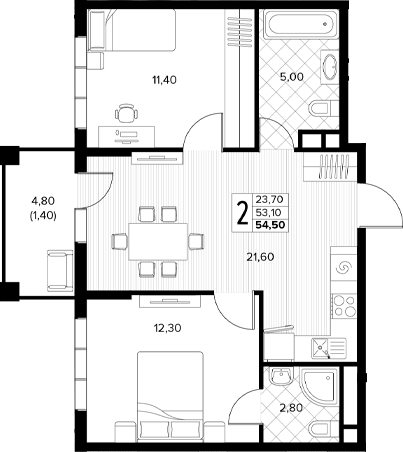 Планировка 2-комнатная 54,5 м²