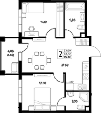 Планировка 2-комнатная 55,1 м²
