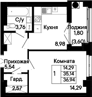 Планировка 1-комнатная 36,94 м²