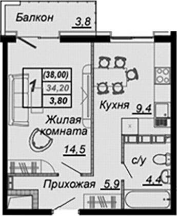 Планировка 1-комнатная 38 м²
