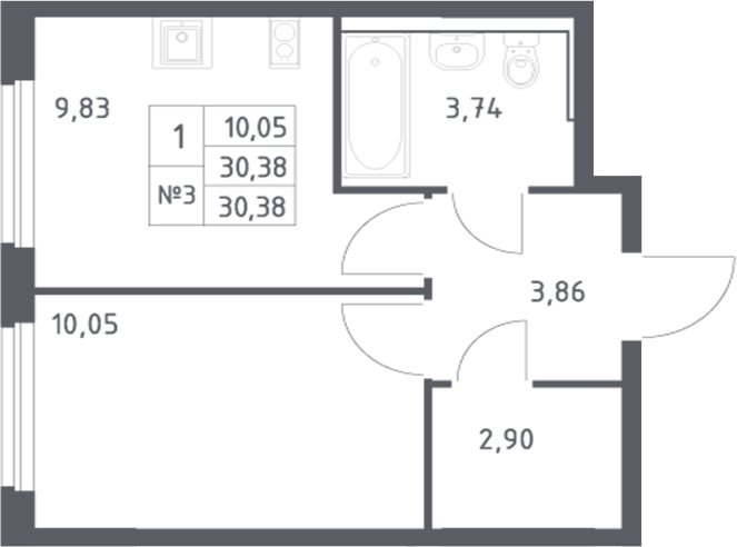 Планировка 1-комнатная 30,38 м²