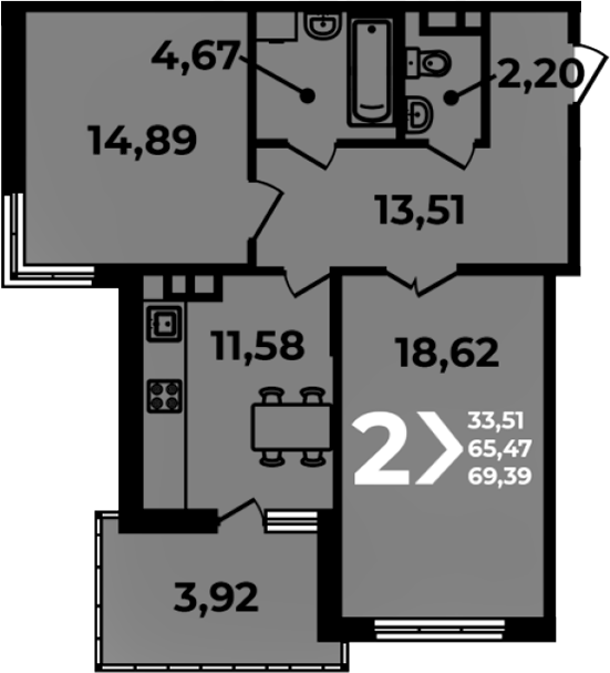 Планировка 2-комнатная 69,39 м²